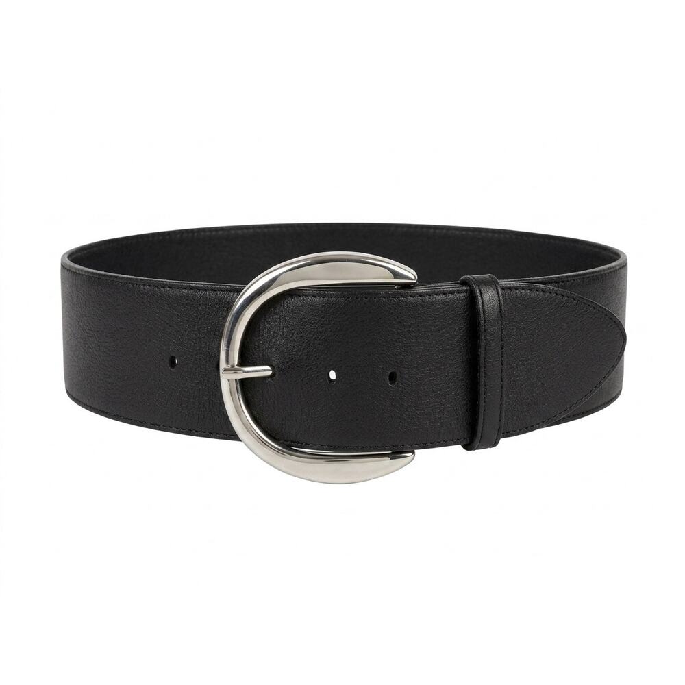 White House Black Market Wide Black Genuine Leather Belt Silver Buckle Sz M USA